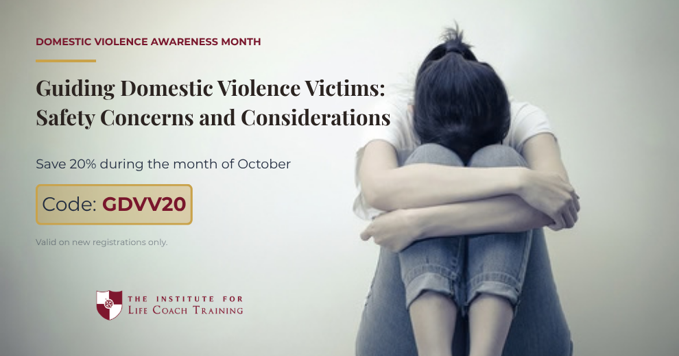Promotional graphic for Domestic Violence Awareness Month, featuring a photo of a person in distress. 20% off the Guiding Domestic Violence Victims course with code GDVV20, valid on new registrations only through October.